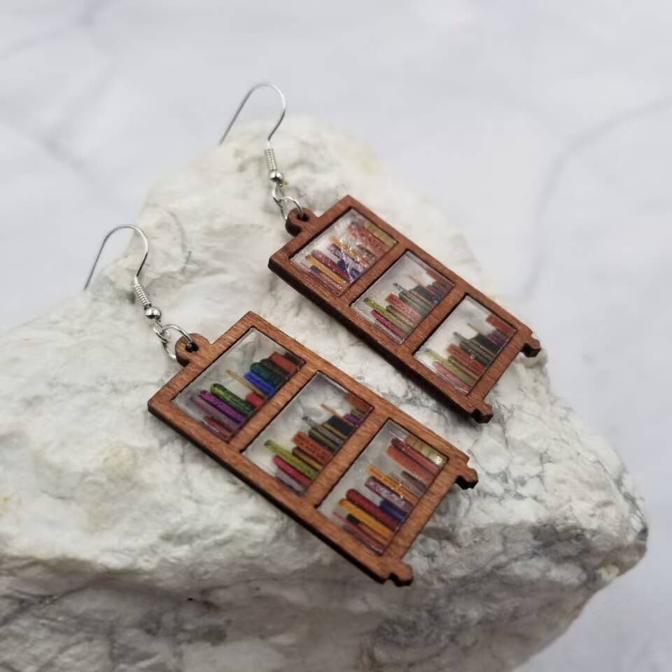Bookshelf Dangles Wood Book Earrings