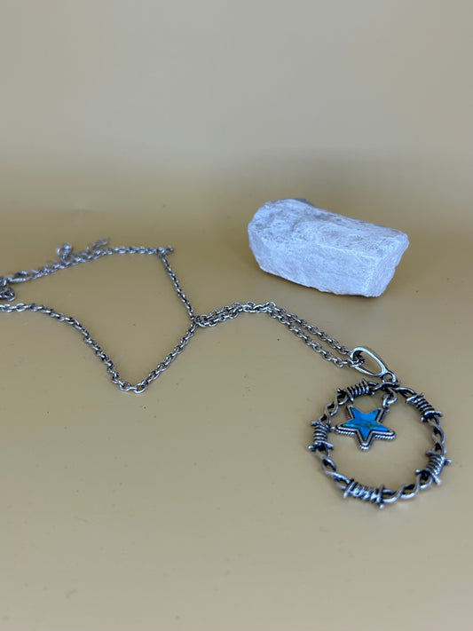 Barbed Wire Turquoise Star Silver Tone Necklace