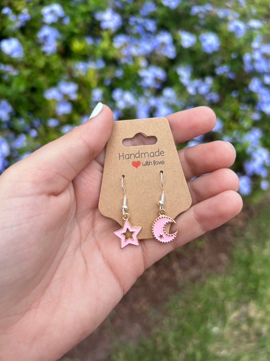 Dangly Pink Moon and Star Earrings