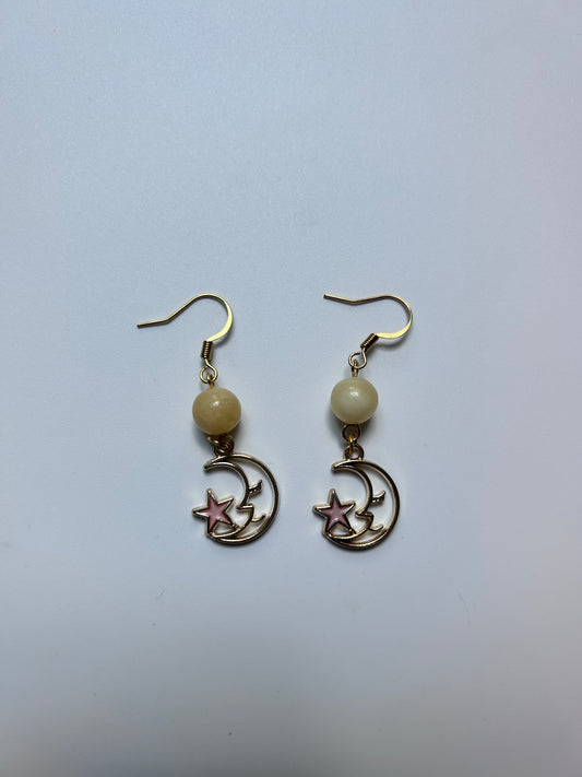 yellow agate beaded earrings, dangly with moon and star