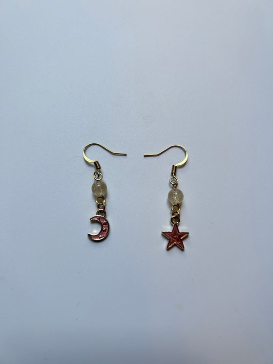 citrine dangly earrings moon and star beaded