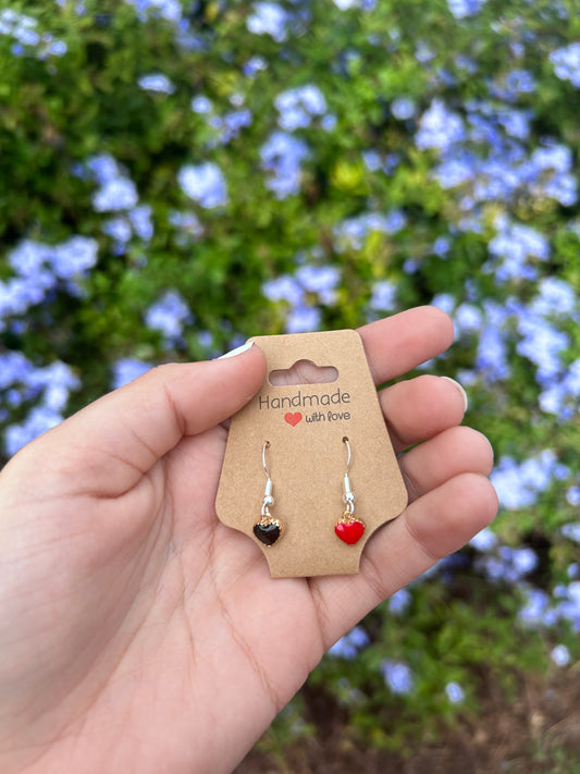 Dangly Black and Red Heart Earrings