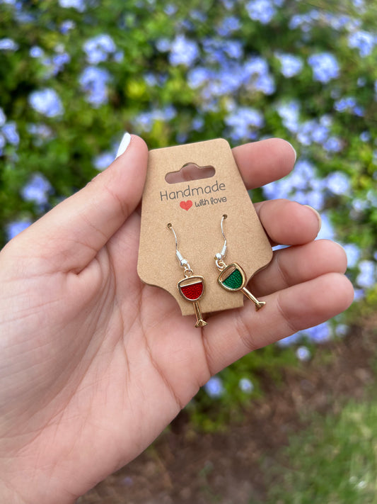 Dangly Green and Red Sparkly wine glass Earrings