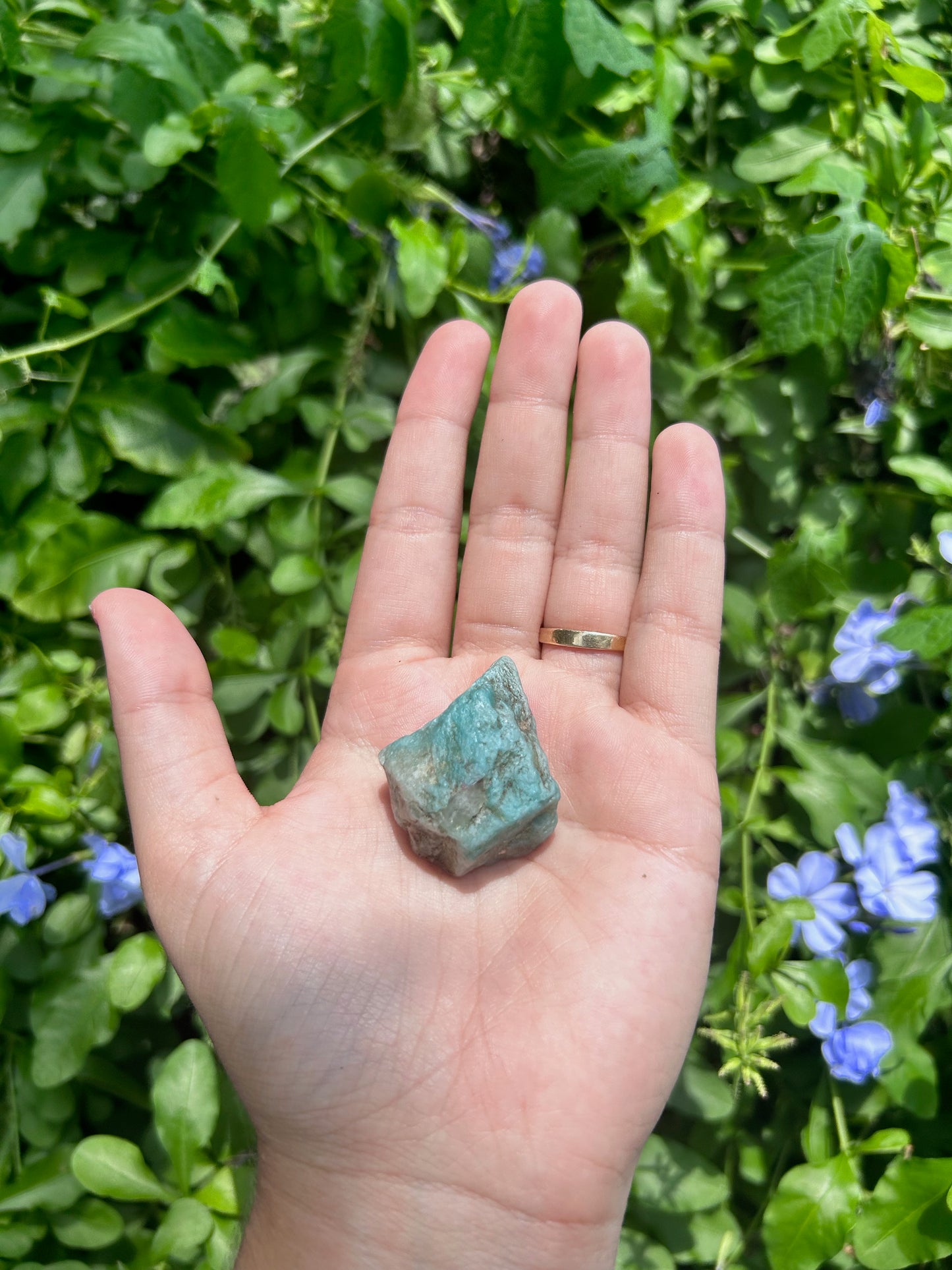 Amazonite stone 0.8 oz- picture taken outside with the stone in a hand. the background is leaves and blue flowers.