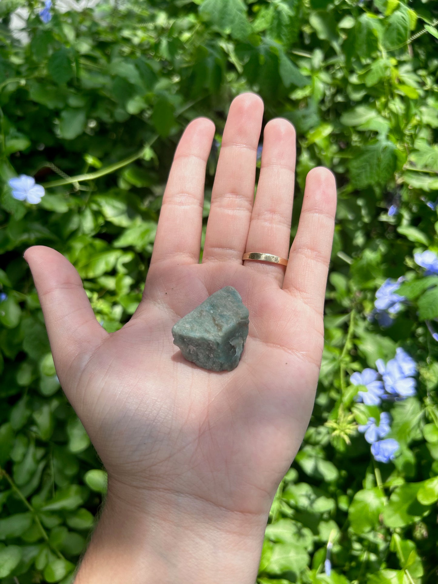 amazonite stone, 0.5 oz. picture is taken outside with the stone in a hand, background is leaves and blue flowers. 