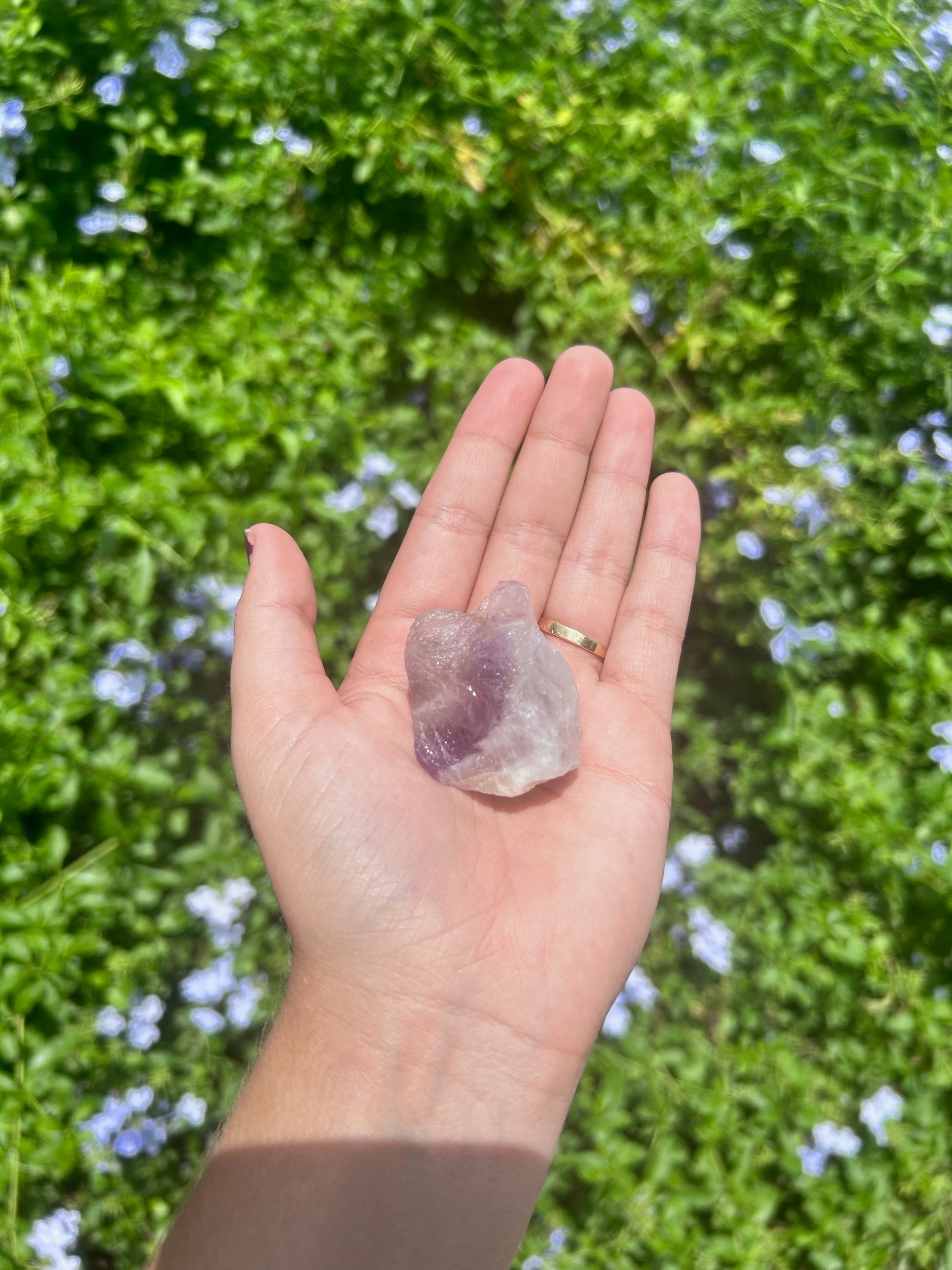 raw amethyst, 1.6 oz. Stone is posed outside in a hand with leaves and blue flowers in background.
