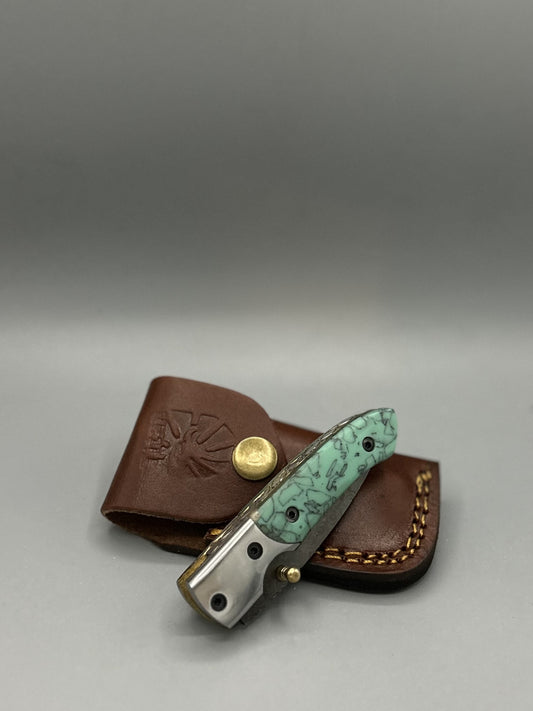 AzureGlide Damascus Steel Turquoise (Resin) Pocket Knife