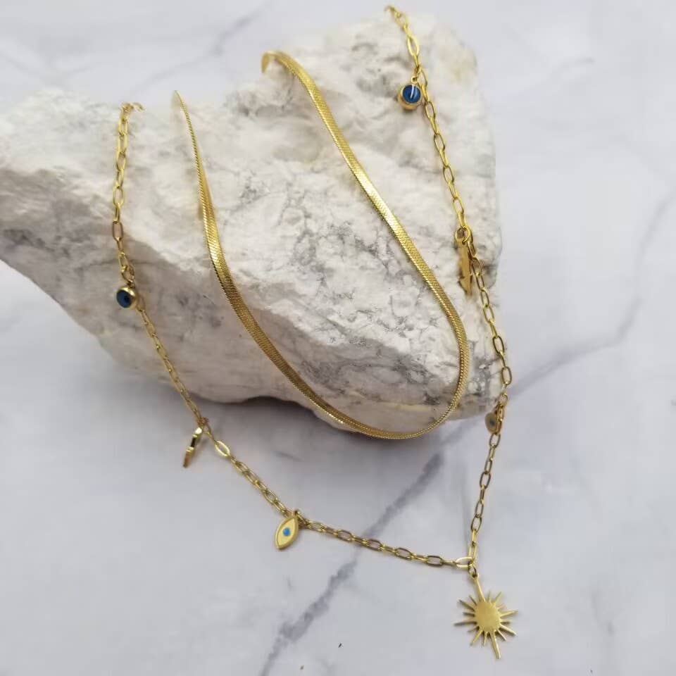 Double Layer Herringbone + Link Sunburst Necklace